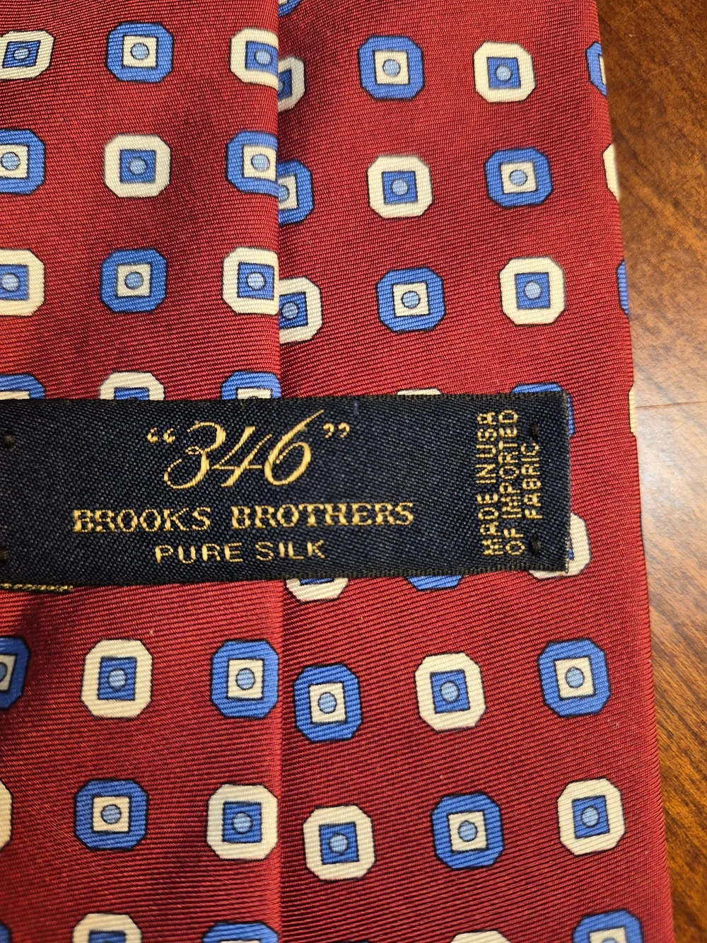 Brooks Brothers Red Silk Tie with Blue and White Geometric Squares